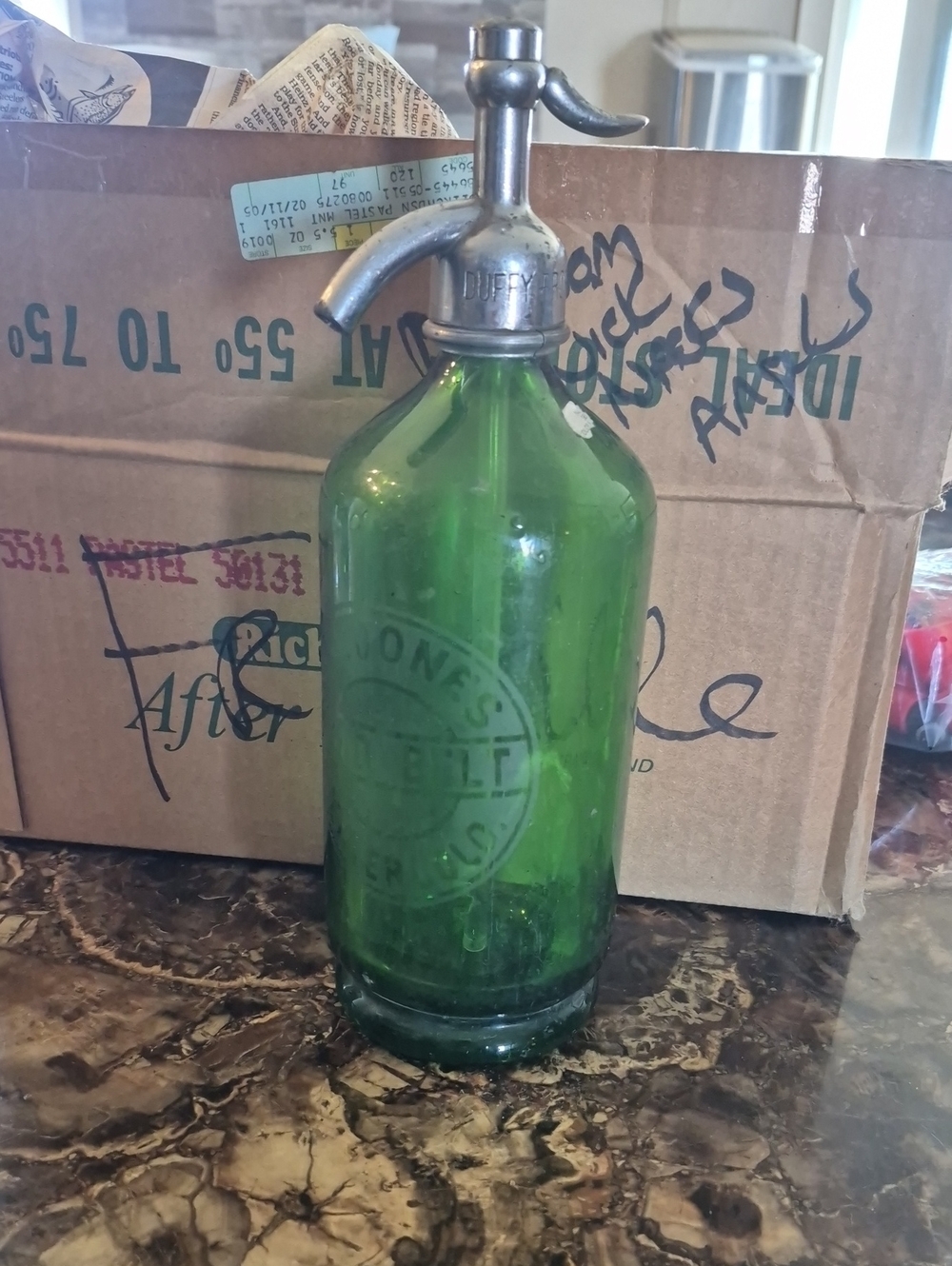 Unbranded Green Glass Soda Siphon with Metal Pump Top